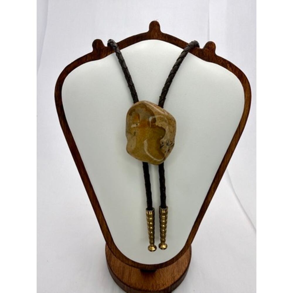 Vintage 70s Rock Slab Bolo Tie Western Jasper Stone Brown Leather Cord